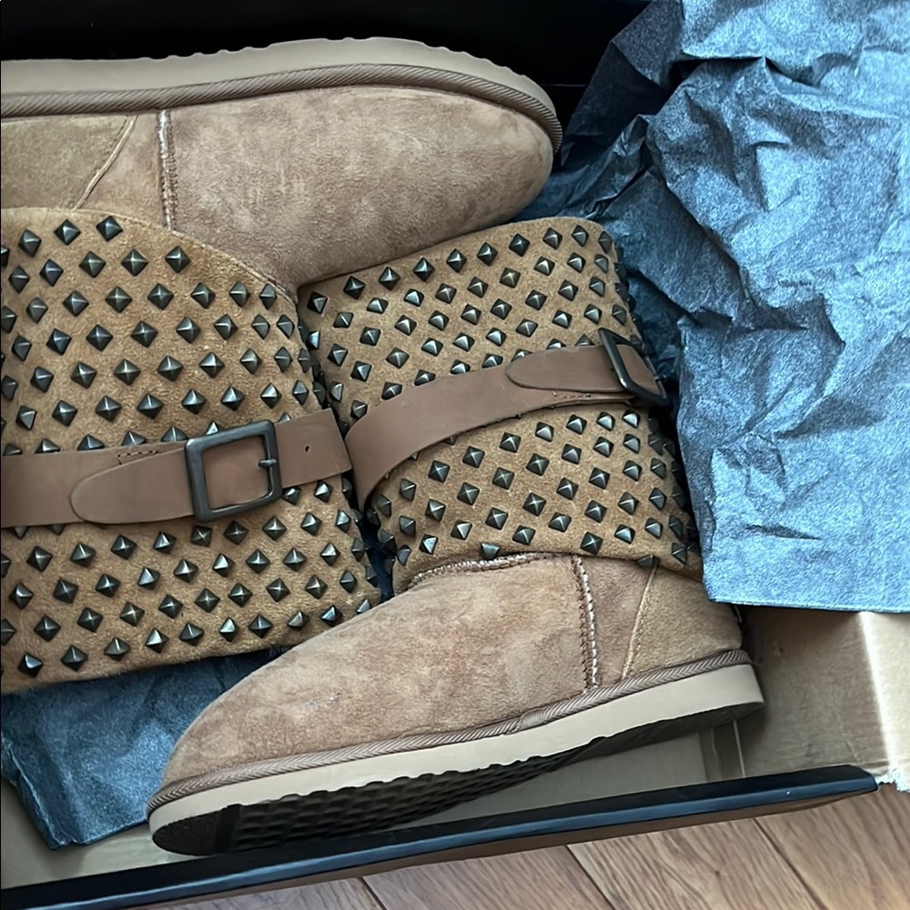 Tan Suede Studded Boots with Buckle
